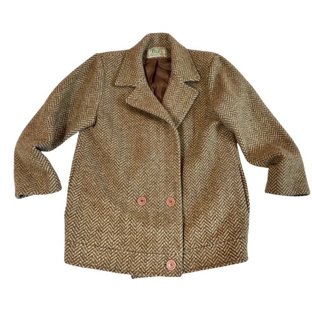 Vintage Fitz Herringbone Pea Coat‎ Brown Tan Wool Blend Made in USA Small